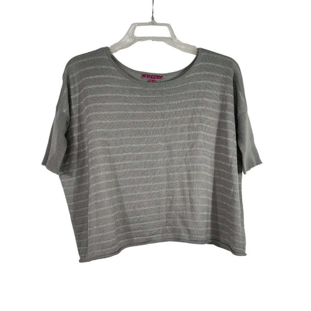 Derek Heart Knit Top Sweater Loose Women Size M Grey Metallic Stripe Short Slv